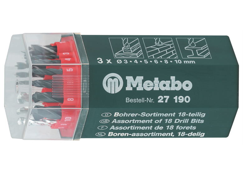 Bohrer (18 Stück,) Metall-Stein-Holz (6x3-4-5-6-8-10 mm) Metabo 627190000