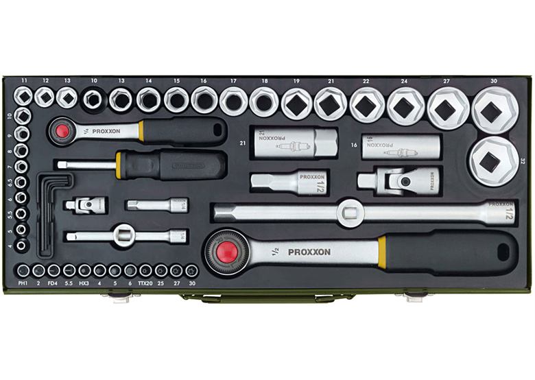 55 tlg. Steckschlüsselsatz mit einer Ratsche 1/2" und 1/4" Proxxon PR23040