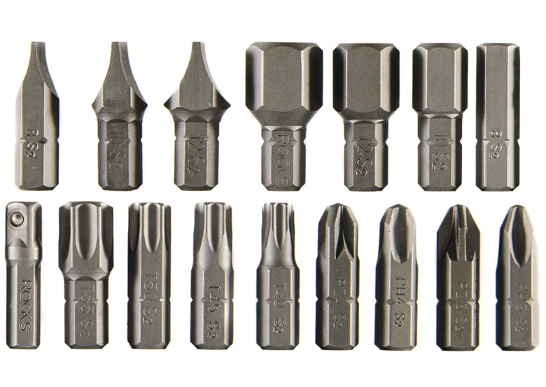Bits 8mm: Hex, PH, SL, PZ, Torx mit Adapter 1/4" (16 Stck.) Rooks 01.4801